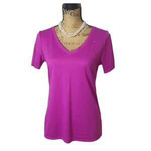 Nike Womens Athletic V-Neck Tee Med Magenta Pink Dri-Fit Run Sporty Athleisure